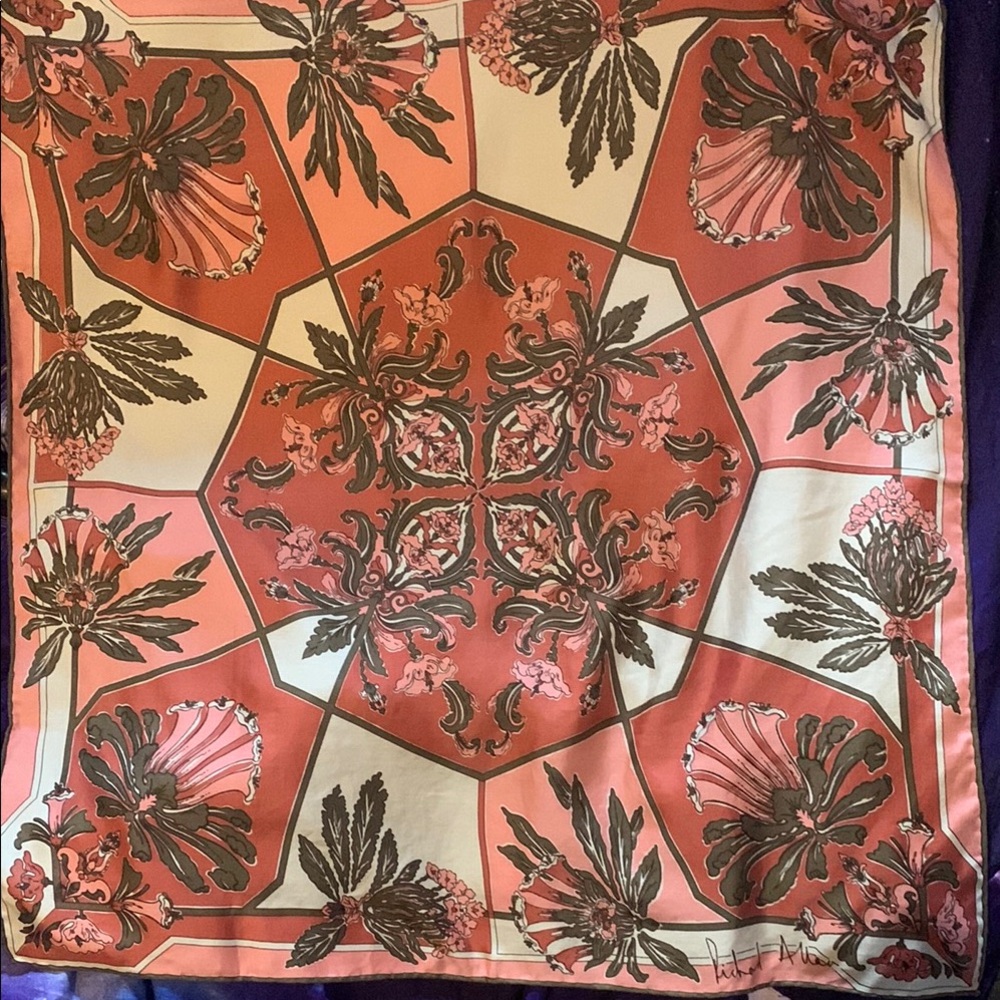 Richard Allan Floral Silk Scarf in Coral and Olive